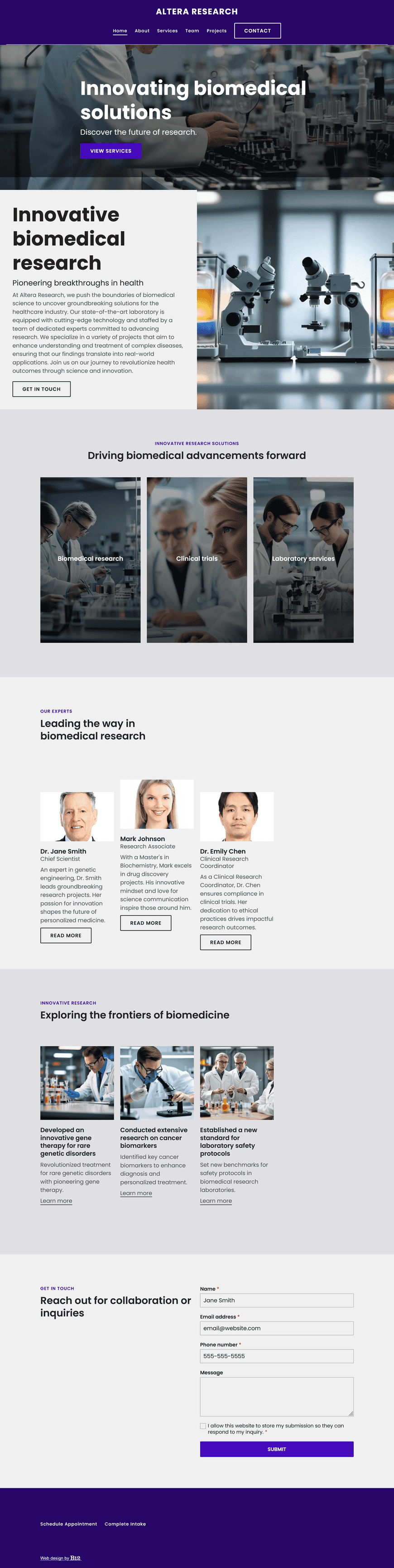 Build a credible site for Altera Research, a private biomedical lab based in San Diego, California. Include sections for current projects, lab capabilities, team page for leadership bios, publications, and funding partners. Use clean layouts with high-resolution lab imagery.