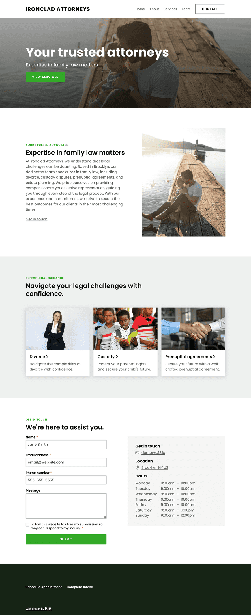 Our law firm needs a website that highlights practice areas: divorce, custody, prenuptial agreements, estates. Include a Team page for partners Peter Gray and Lisa Hamilton, and a contact form for new inquiries.