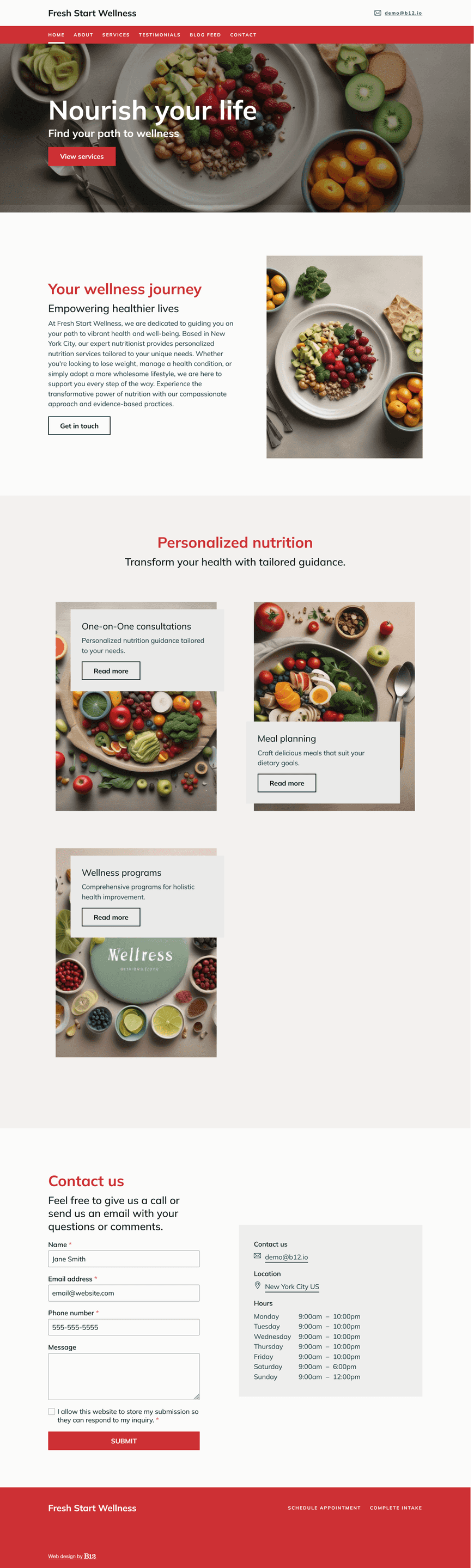 Design a welcoming, informative website for a nutritionist based in New York City. The site should include key sections such as an About Us page, Services (describing one-on-one consultations, meal planning, and wellness programs), Blog (offering healthy recipes, nutritional advice, and lifestyle tips), Testimonials, and Contact.