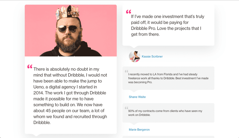 Dribble customer testimonial page