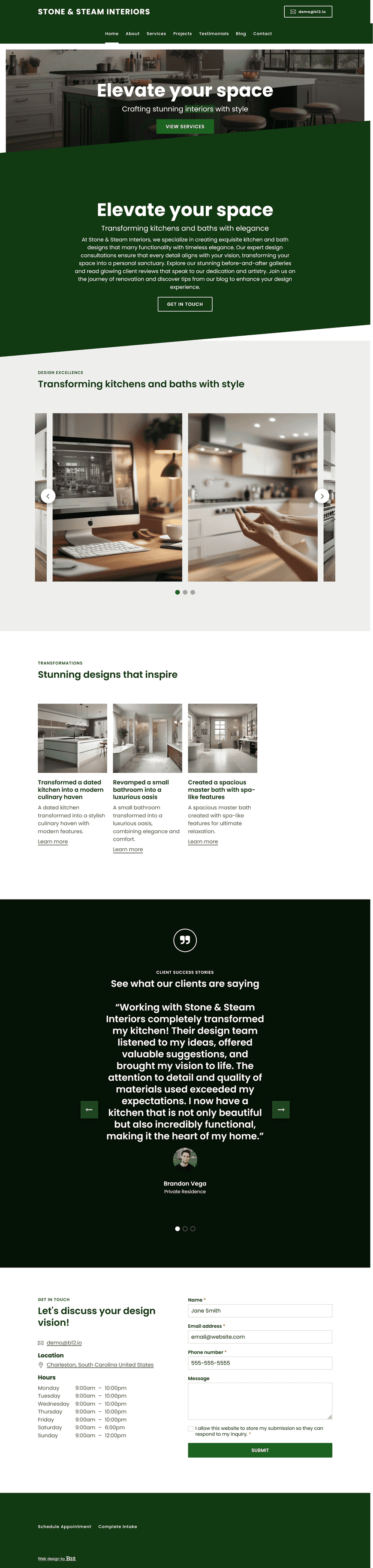 Build an elegant and functional website for Stone & Steam Interiors, a kitchen and bath design studio in Charleston, South Carolina. Use a refined palette and texture-rich backgrounds. Highlight design consultations, before-and-after photos, client reviews, and a blog on renovation tips.