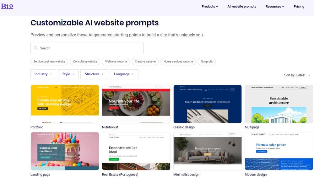 Screenshot of B12’s AI prompt gallery for website creation