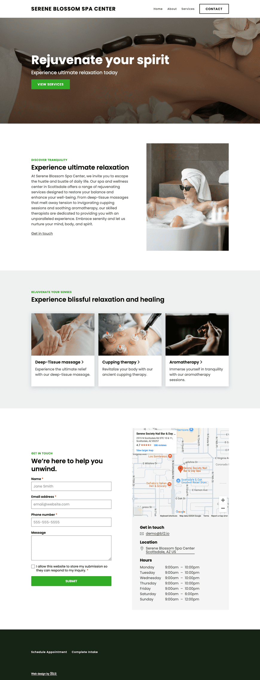 Our spa and wellness center in Scottsdale offers a range of rejuvenating services, including deep-tissue massage, cupping, and aromatherapy. We need a calming website with online booking, a services page with details on gift cards and group packages for bridal parties and retreats.