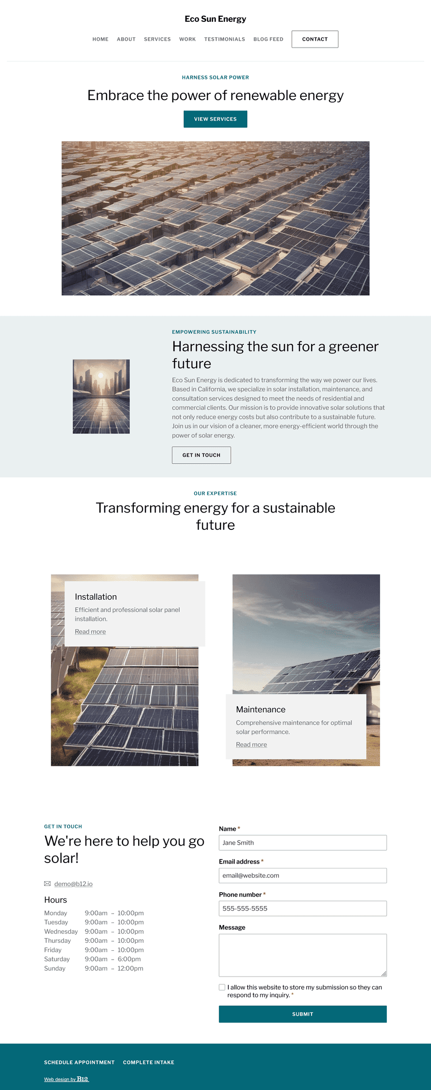 Design a sleek website for our solar power company in California. Show images of solar panels and futuristic cityscapes. Include an About Us page, Services (installation, maintenance, and consultation), Blog (solar power tips), Testimonials, Contact page, and a Portfolio of successful solar installations. 