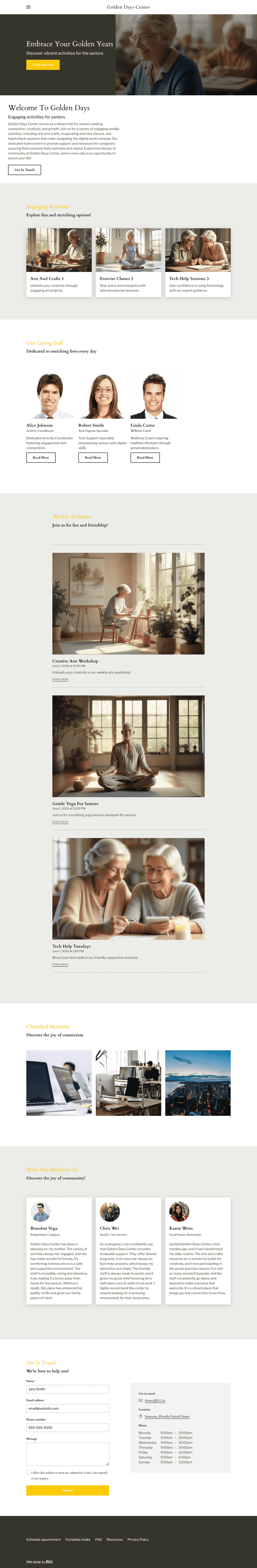 Create a friendly and accessible website for Golden Days Center, a senior activity center based in Sarasota, Florida. Highlight weekly activities like arts and crafts, exercise classes, and tech help sessions. Include transportation info, caregiver resources, testimonials, and an easy-to-read event calendar.