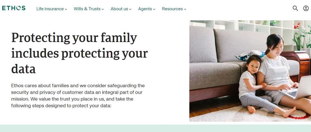 Screenshot of Ethos Insurance’s data security page