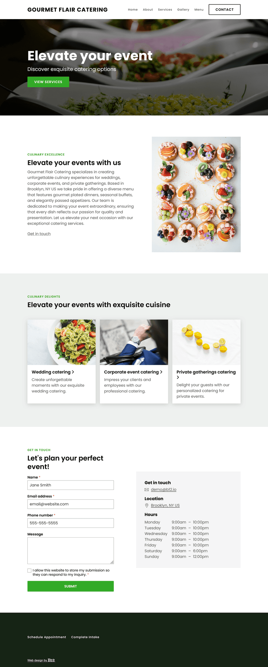 A catering company that specializes in weddings, corporate events, and private gatherings. We need a beautiful website that showcases our menu offerings, from gourmet plated dinners to seasonal buffets and passed apps. The site should include a gallery page and a booking form to schedule consultations.