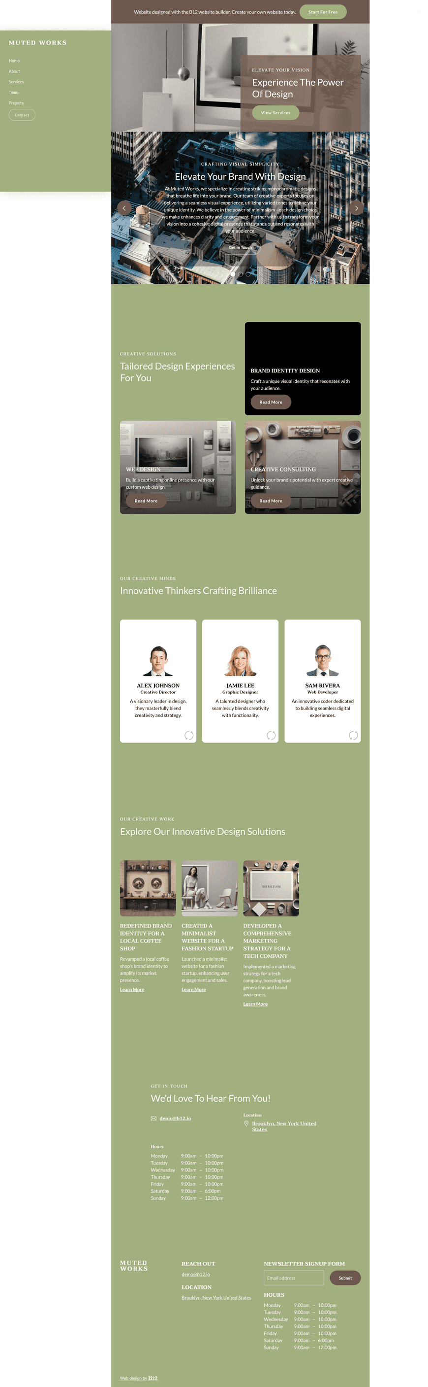 Design a sleek and visually cohesive monochromatic website for a creative agency based in Brooklyn, New York. The design should center around a single color in varied tones, creating a minimalist and unified aesthetic. Include sections for services, portfolio, team, and a contact form.