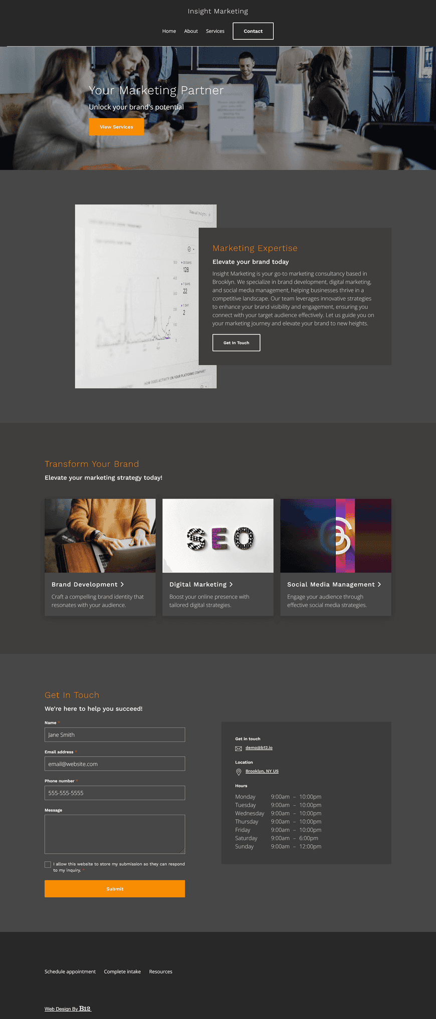 I have a marketing consultancy that specializes in services like brand development, digital marketing, and social media management. Include a contact form for new client inquiries and Resources page with SEO, PPC, and inbound marketing guides.
