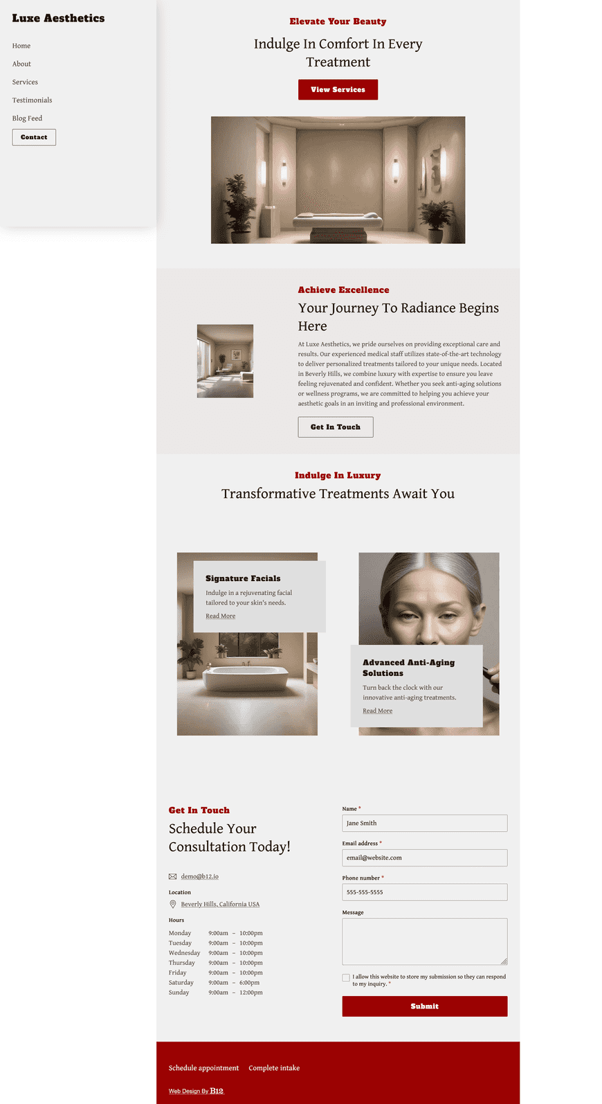 Create a luxurious, professional website for a medical spa located in Beverly Hills, California. Include key pages such as About Us (highlighting the spa's experienced medical staff and state-of-the-art technology), Services (describing treatments like facials, anti-aging solutions, and wellness programs), Testimonials, Blog (offering skincare tips and wellness advice), and Contact (with online booking capabilities and a consultation form). 