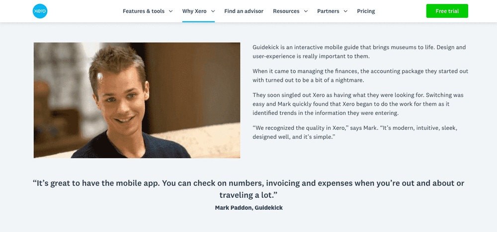 Xero customer testimonial page for startups