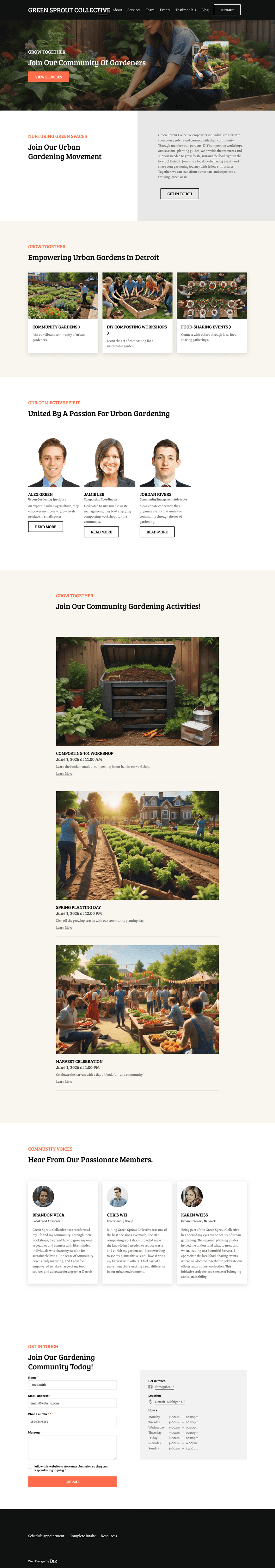 Create a community-driven website for Green Sprout Collective, an urban gardening initiative in Detroit. Showcase member-run gardens, DIY composting workshops, seasonal planting guides, and local food-sharing events. Include stories from members growing their own food.