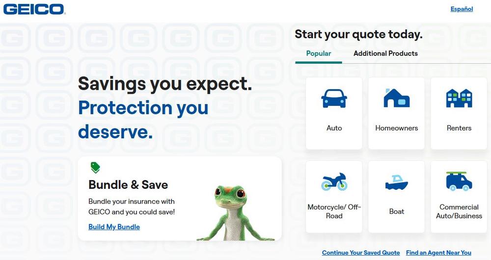 Screenshot of GEICO’s homepage showing coverage options.