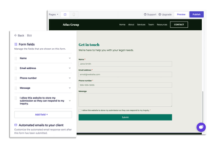 A B12 intake form builder next to the live client intake form on a firm's website