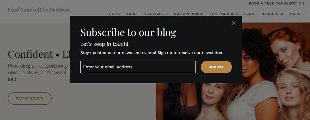 Screenshot of a time-triggered pop-up on Find Yourself in Fashion’s website (www.findyourselfinfashion.com)
