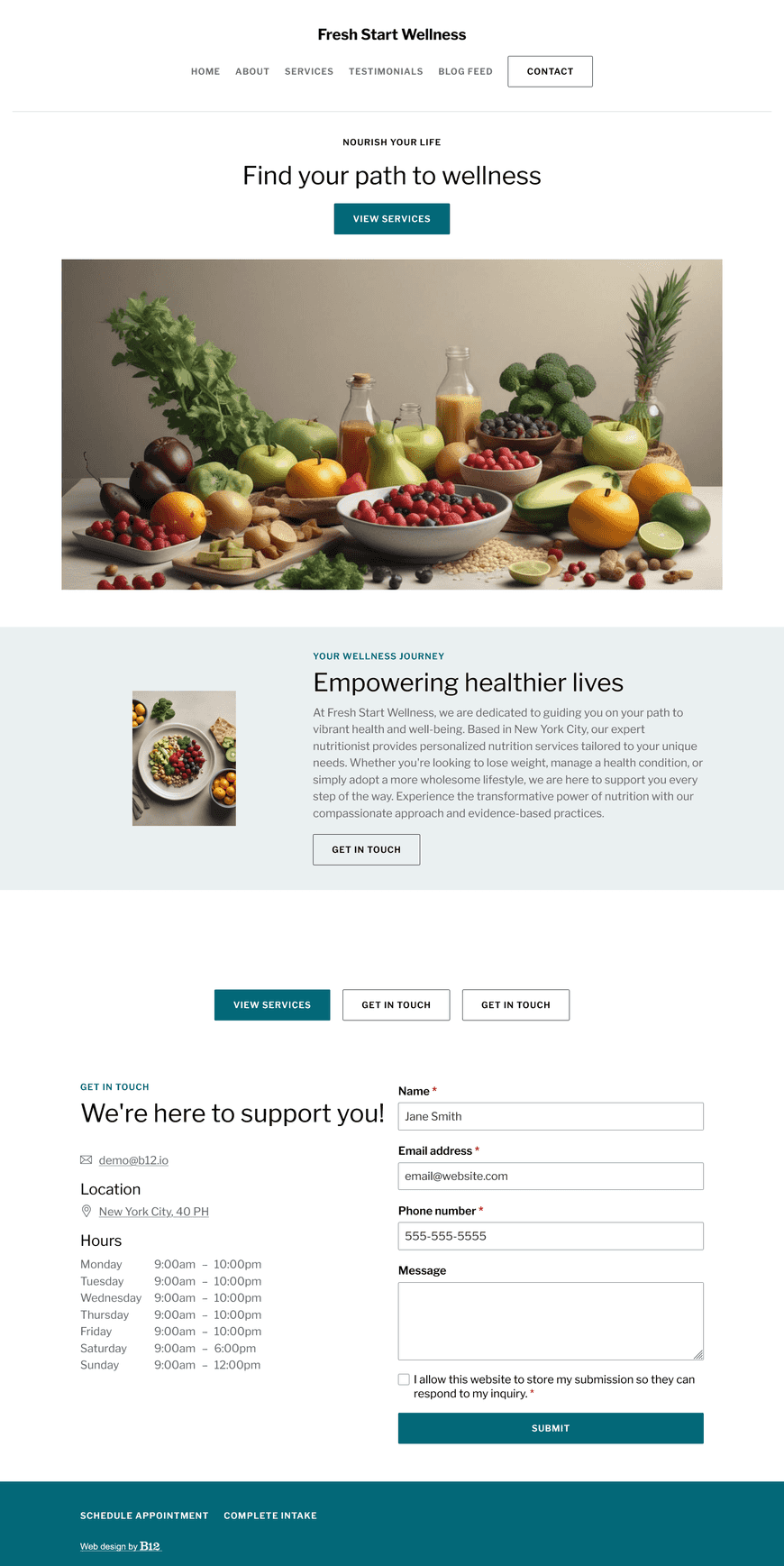 Design a welcoming, informative website for a nutritionist based in New York City. The site should include key sections such as an About Us page, Services (describing one-on-one consultations, meal planning, and wellness programs), Blog (offering healthy recipes, nutritional advice, and lifestyle tips), Testimonials, and Contact.