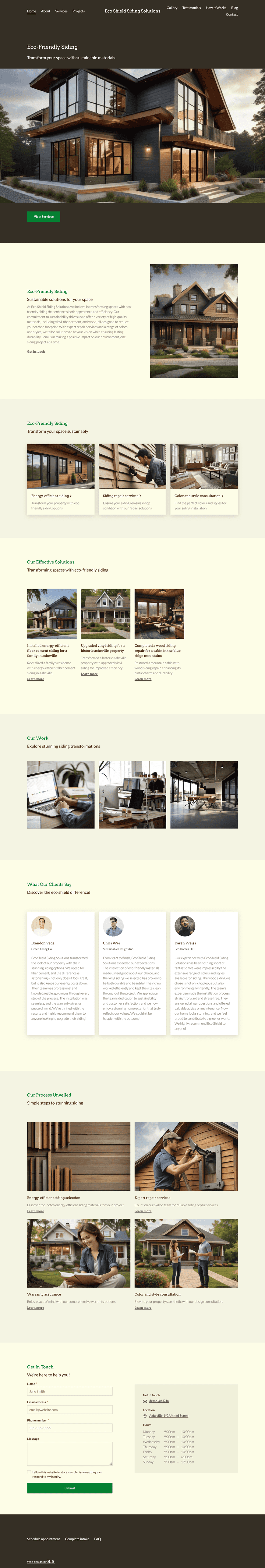 Build a modern, eco-friendly site for Eco Shield Siding Solutions, a siding company based in Asheville, NC. Showcase energy-efficient siding materials (vinyl, fiber cement, wood), repair services, warranty details, and color/style options. Include client reviews, FAQs, and an appointment scheduler.