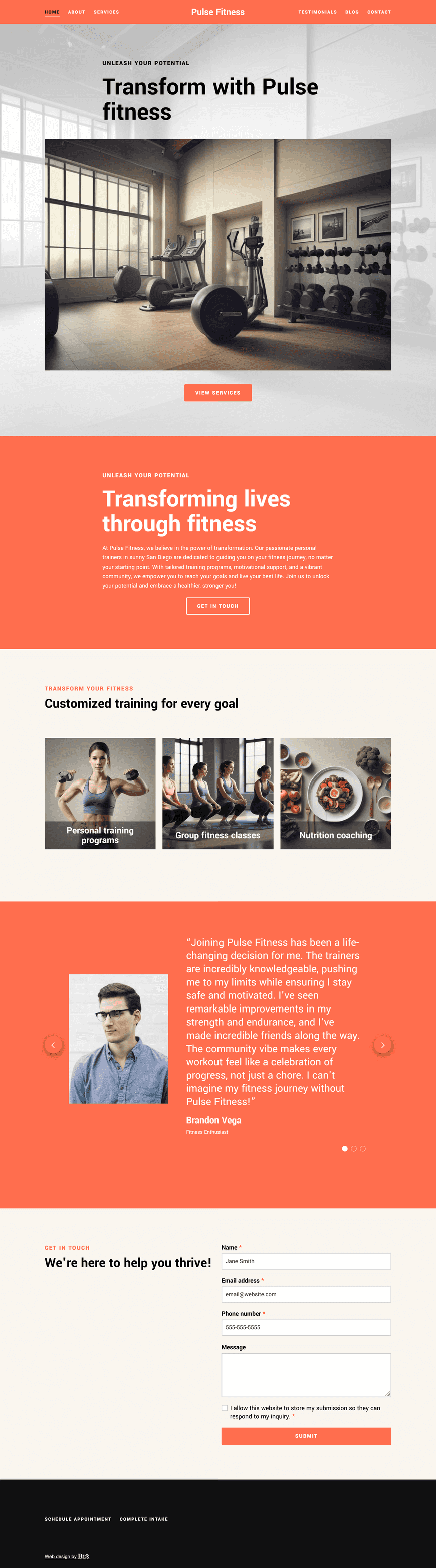 Design an energetic and motivational website layout for a personal training brand based in San Diego, California. Use vibrant colors, bold typography, and dynamic imagery to inspire action. Include sections for training programs, client transformations, scheduling, and a blog with wellness tips. Prioritize a user-friendly structure and clear CTAs for sign-ups.