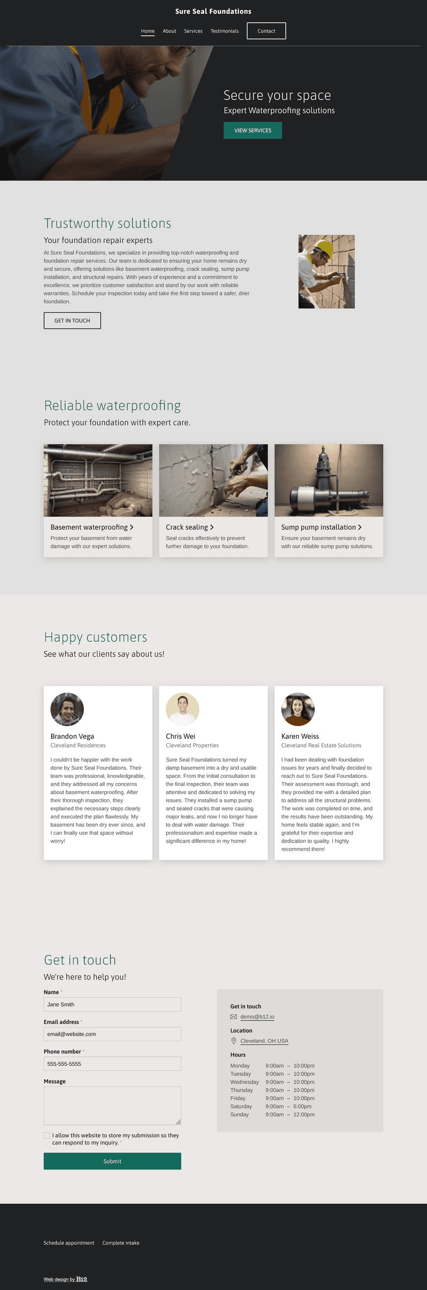 Create a trustworthy and informative website for Sure Seal Foundations, a waterproofing and foundation repair company serving the Cleveland, OH area. The site should detail basement waterproofing, crack sealing, sump pump installation, and structural repairs. Include customer success stories, certifications, warranty info, and a form to schedule inspections.