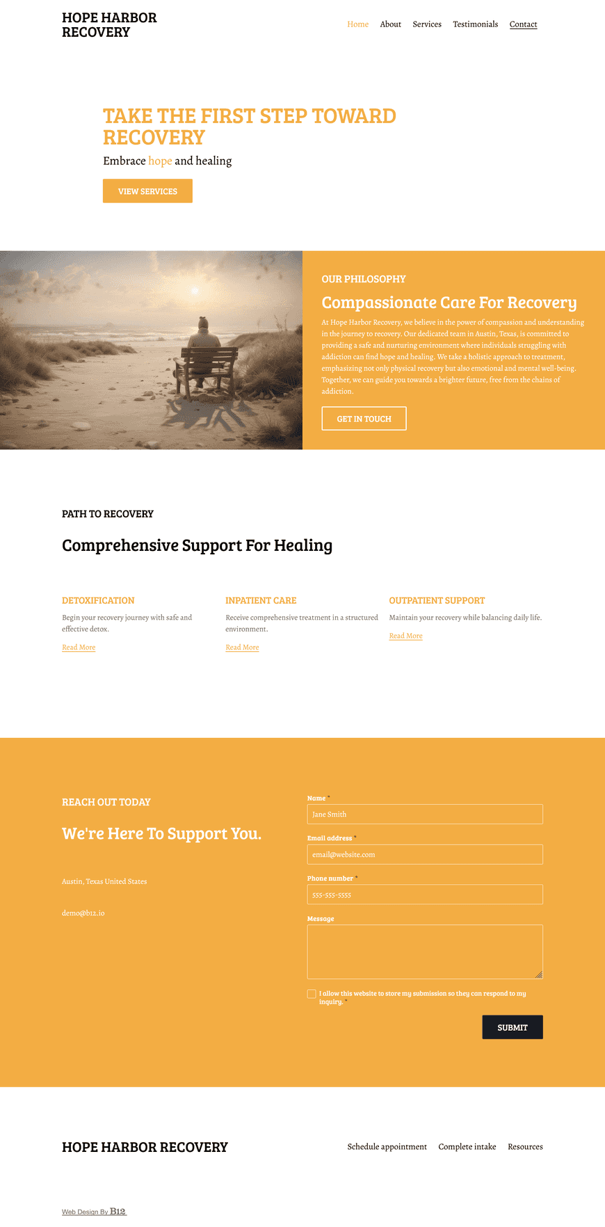 Design a compassionate, approachable website for an addiction treatment center in Austin, Texas. The website should feature pages like About Us (highlighting the center's philosophy), Services (detailing treatment programs like detox, inpatient care, outpatient support, and therapy), Testimonials, Resources (including educational materials and support groups), and Contact form. 