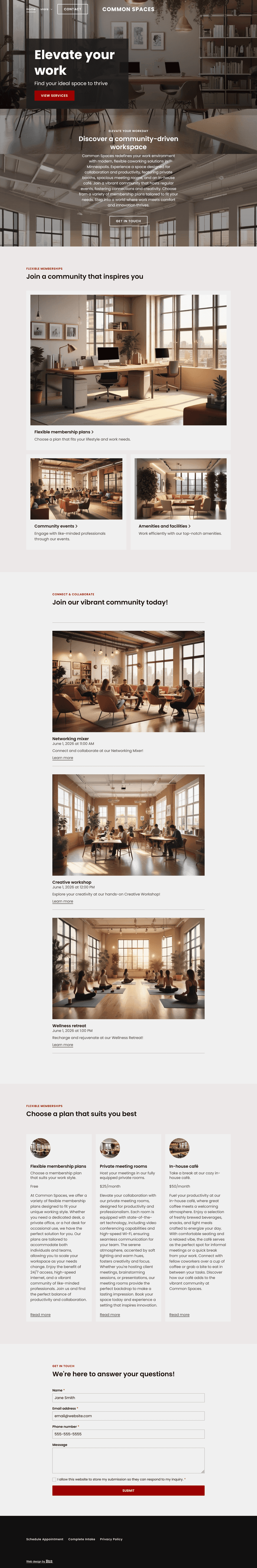 Create a sleek, modern website for Common Spaces, a coworking company based in Minneapolis, Minnesota. Use clean lines, warm neutrals, and natural light-inspired visuals to reflect the space’s contemporary yet welcoming atmosphere. Highlight flexible membership plans, community events, imags of the workspaces, and amenities like private booths, meeting rooms, and an in-house café. 