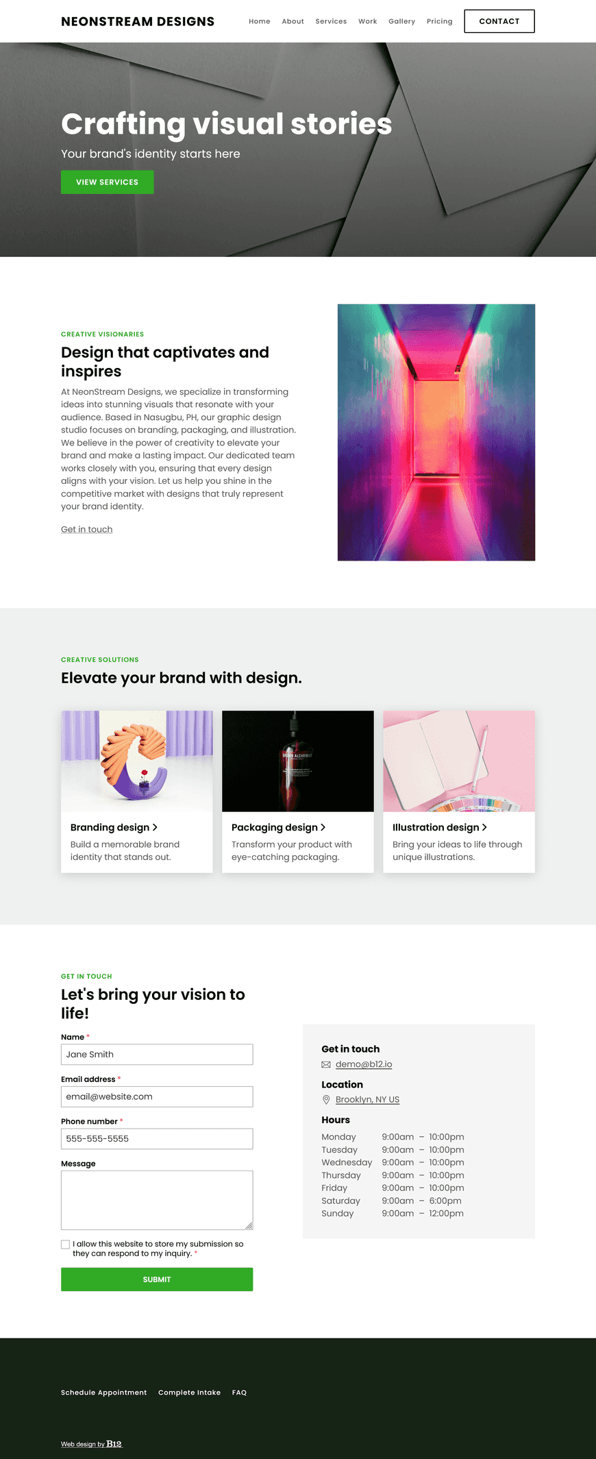 A graphic design studio with a focus on branding, packaging, and illustration. Create a modern site with a gallery of my designs and FAQs about my design process, pricing, turnaround times.