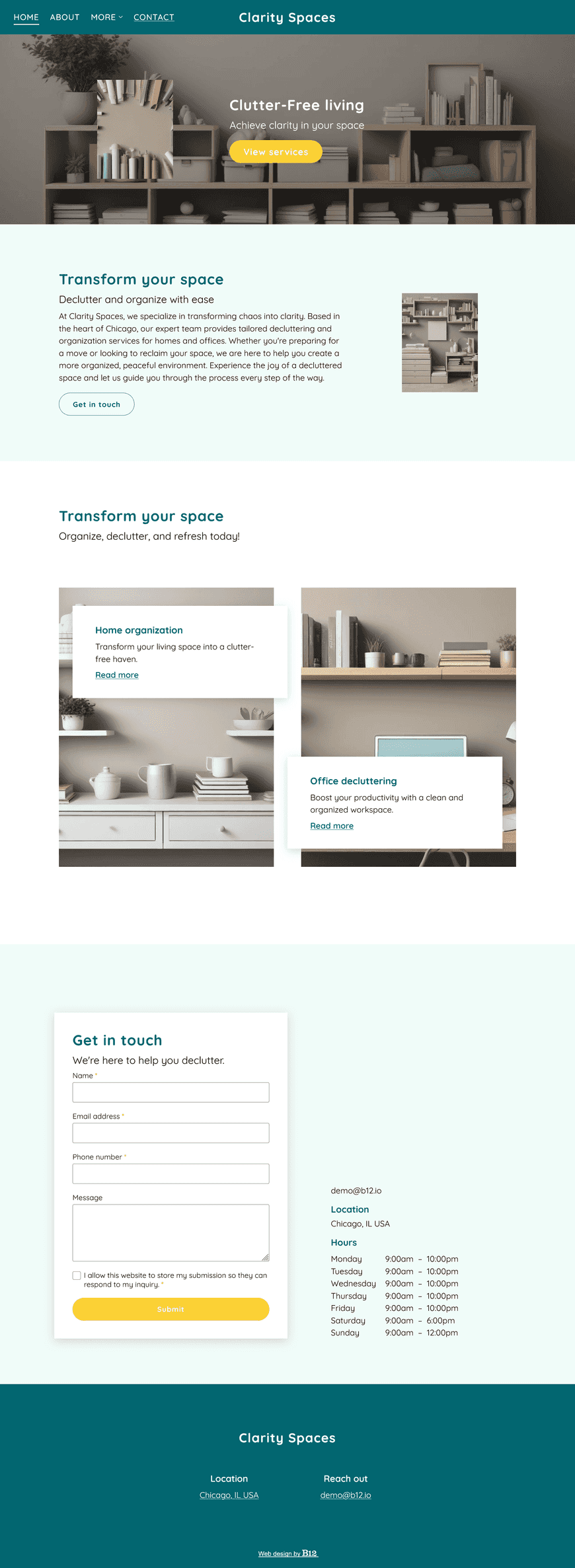 Design a clean and user-friendly website for a decluttering and organization service based in Chicago, IL. The website should include a Services (home organization, office decluttering, move-in/move-out services), Testimonials, Blog (organizing tips and tricks), Pricing, and Contact page. Additionally, include a "How It Works" page that outlines the step-by-step process for booking and completing a session.