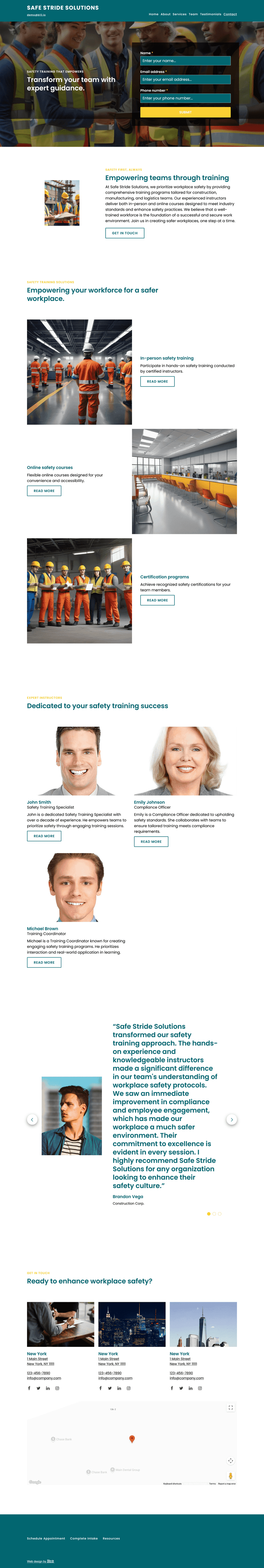 Design a clear, trustworthy website for Safe Stride Solutions, a workplace safety training company based in Cleveland, Ohio, serving construction, manufacturing, and logistics teams. Use bold colors, clean typography, and imagery of real workers in training environments. Include sections for in-person and online courses, certifications offered, team page for instructor bios, compliance resources, and a schedule or booking form. 