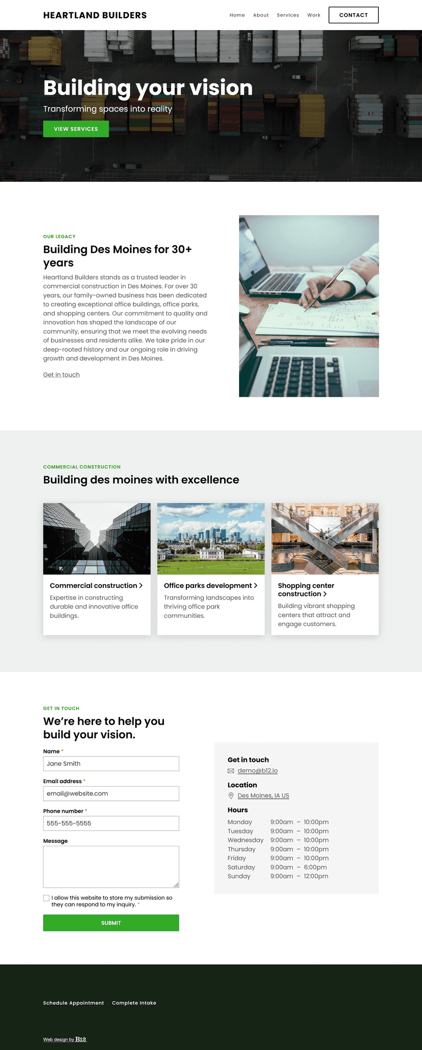 A construction company with a robust portfolio of office buildings, office parks, and shopping centers in Des Moines. I want the site's About page to cover our 30+ year history as a family business and local leader in commercial construction.