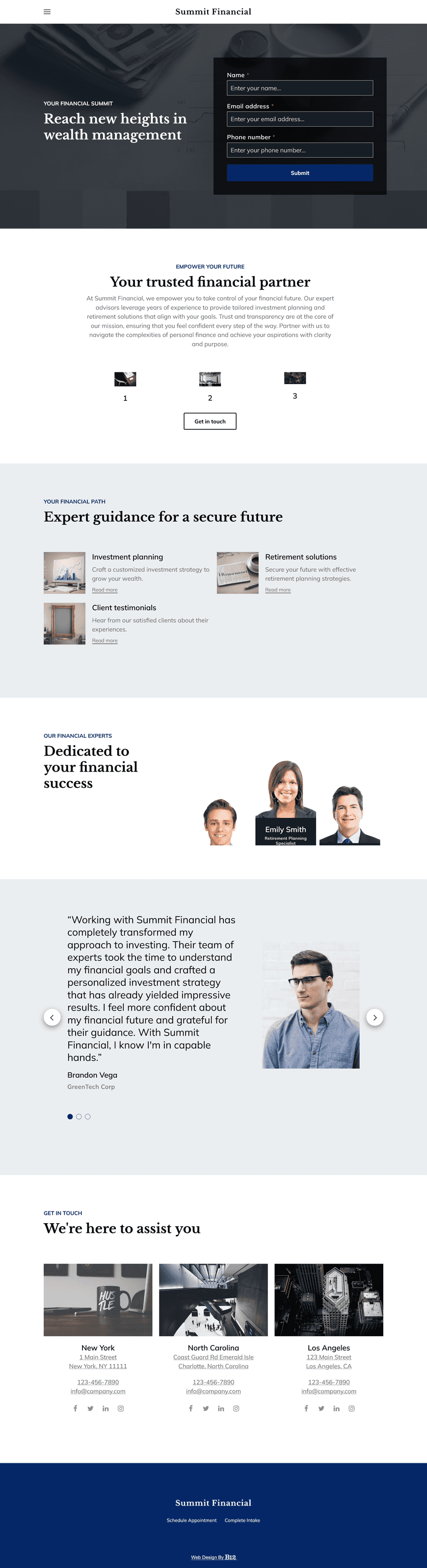 Design a professional and trustworthy website for a financial advisory firm based in Charlotte, North Carolina. Use blue and white colors with a clean layout that conveys stability and reliability. Include sections for investment planning, retirement solutions, team bios, client testimonials, and a secure contact form. 