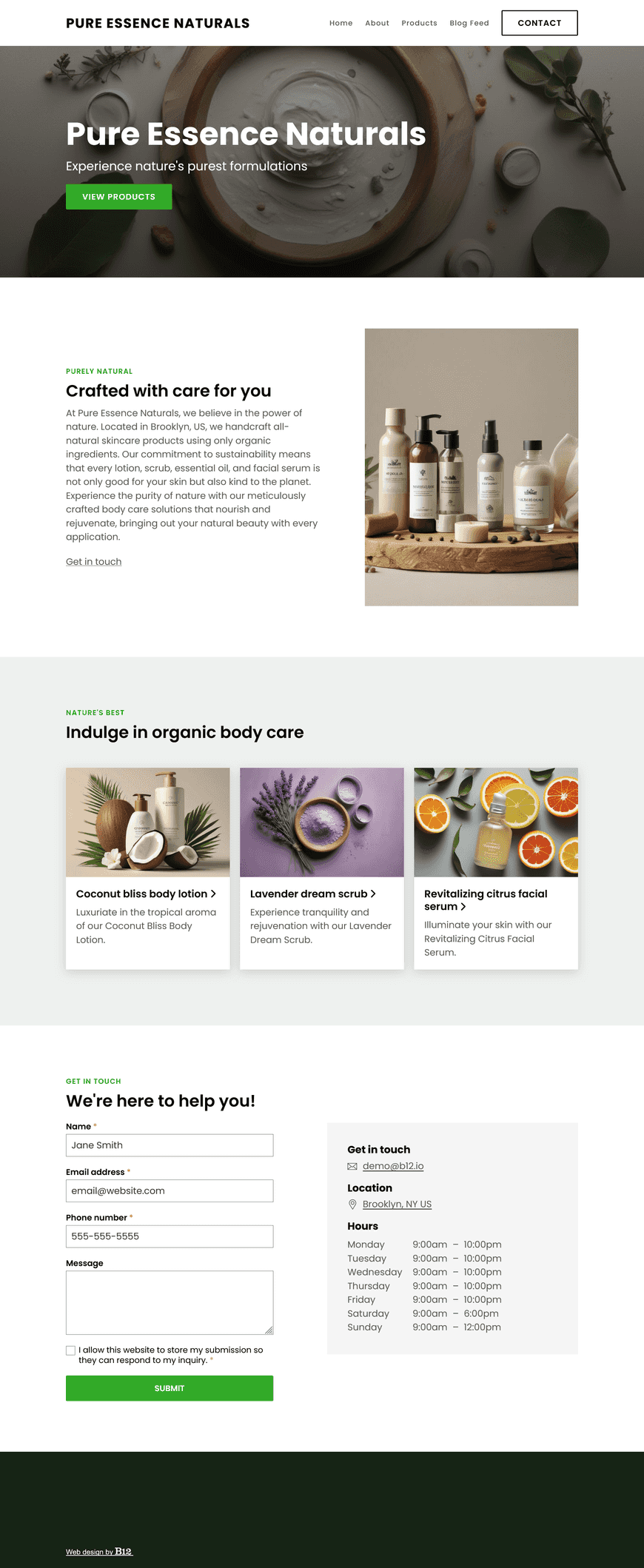 We are a body care brand that creates handcrafted, all-natural skincare products using organic ingredients. Build a product website that showcases our body lotions, scrubs, essential oils, and facial serums. Include an About page detailing our commitment to sustainability. Add a Blog and a Contact form.